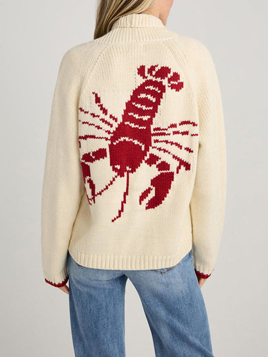 Cardigans- Lobster Back Cardigan Motif Knit Sweater for Women- Red- IndioGear Women Clothing