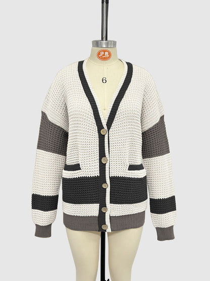 Cardigans- Long Striped Knit Cardigan Color-Block Layer for Women- - IndioGear.com