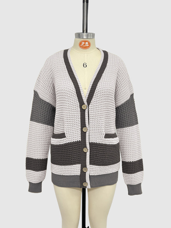 Cardigans- Long Striped Knit Cardigan Color-Block Layer for Women- - IndioGear.com