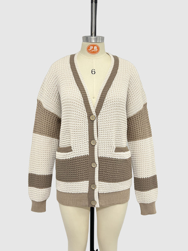 Cardigans- Long Striped Knit Cardigan Color-Block Layer for Women- - IndioGear.com