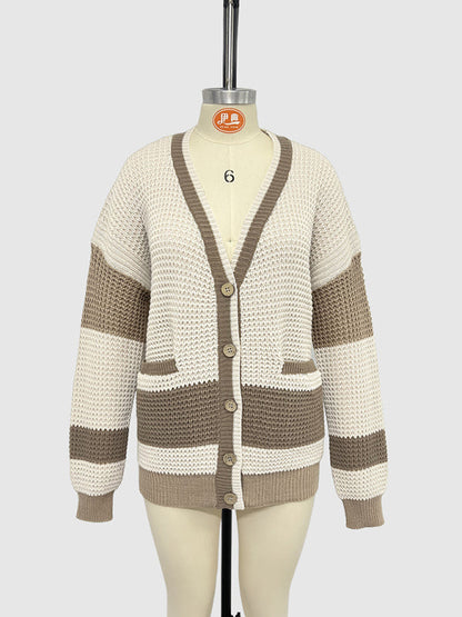 Cardigans- Long Striped Knit Cardigan Color-Block Layer for Women- - IndioGear.com