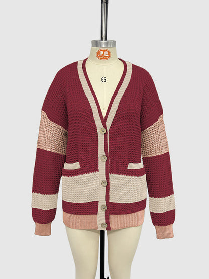 Cardigans- Long Striped Knit Cardigan Color-Block Layer for Women- - IndioGear.com