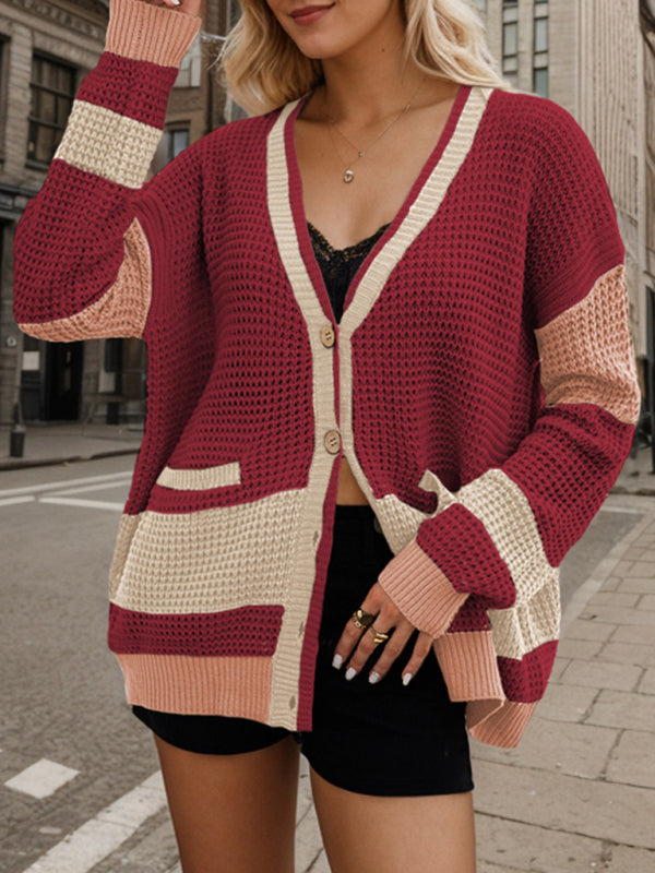 Cardigans- Long Striped Knit Cardigan Color-Block Layer for Women- Red- IndioGear.com