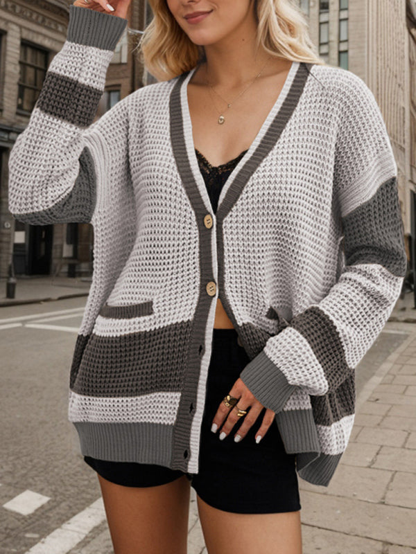 Cardigans- Long Striped Knit Cardigan Color-Block Layer for Women- Grey- IndioGear.com