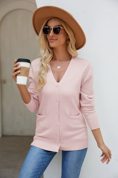 Cardigans- Mid-Length Button Cardigan Essential Layering Knitwear- Pink- IndioGear.com