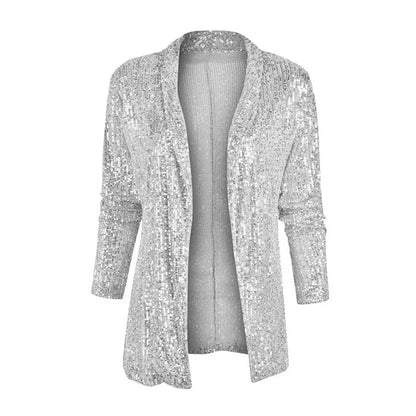 Cardigans- Mid-Length Sequin Cardigan Sparkle Jacket for Women- Silver- IndioGear.com