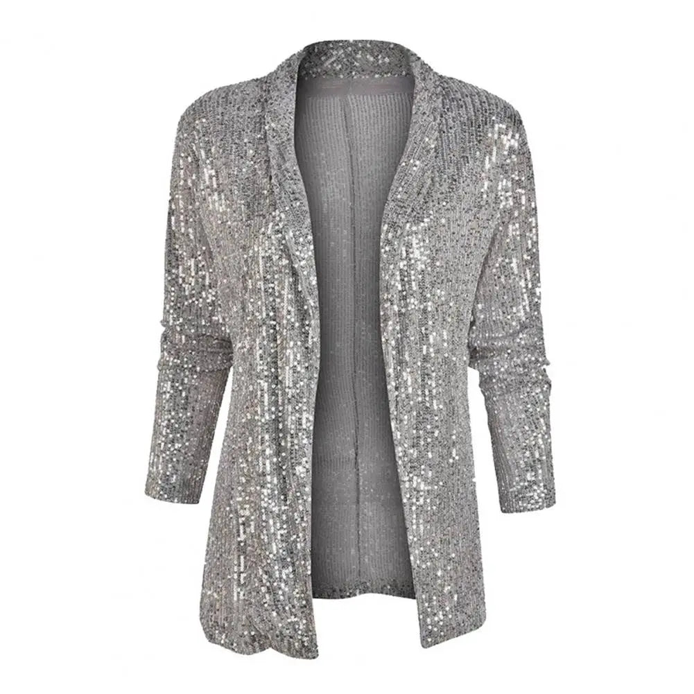 Cardigans- Mid-Length Sequin Cardigan Sparkle Jacket for Women- Grey- IndioGear.com