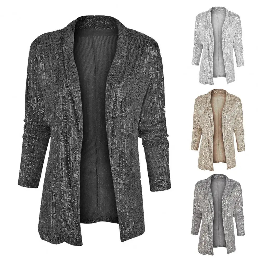 Cardigans- Mid-Length Sequin Cardigan Sparkle Jacket for Women- - IndioGear.com