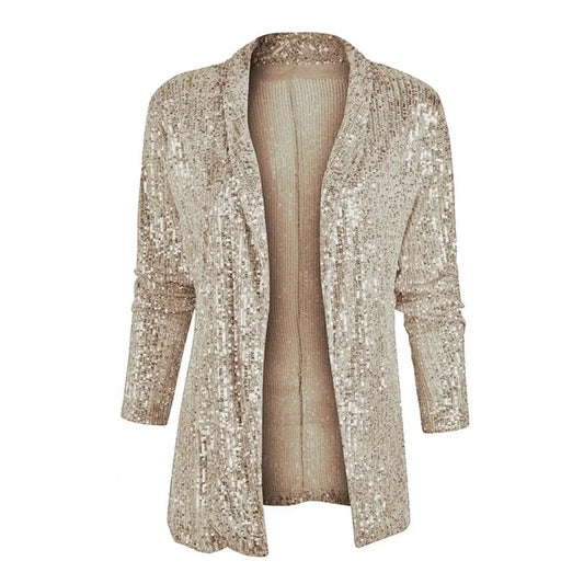 Cardigans- Mid-Length Sequin Cardigan Sparkle Jacket for Women- Champagne- IndioGear.com