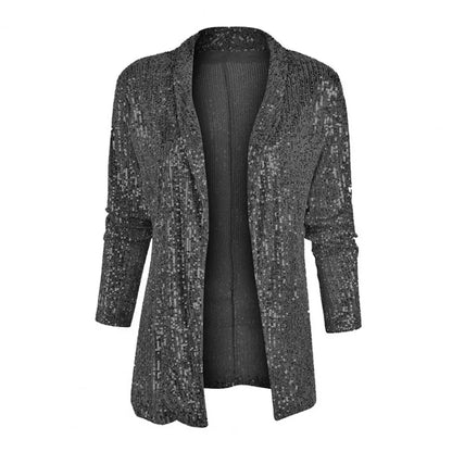 Cardigans- Mid-Length Sequin Cardigan Sparkle Jacket for Women- Black- IndioGear.com