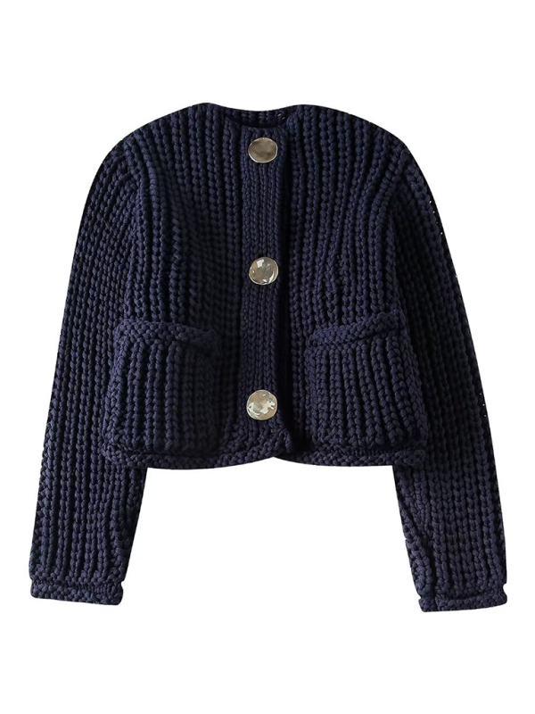 Cardigans- Navy Blue Button-Up Cropped Cardigan for Spring & Autumn Outings- Champlain color- IndioGear.com