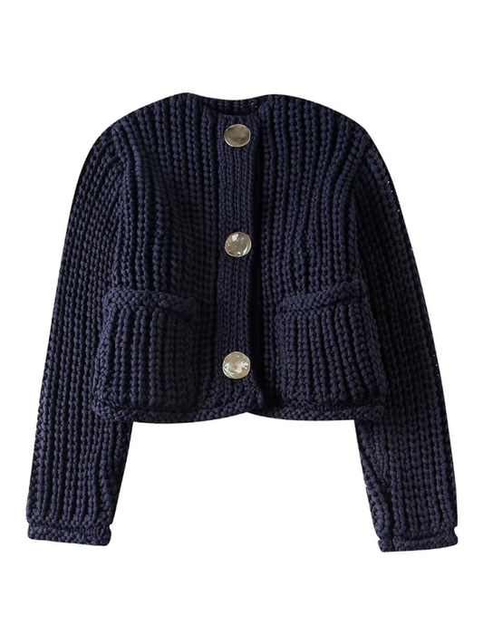 Cardigans- Navy Blue Button-Up Cropped Cardigan for Spring & Autumn Outings- Champlain color- IndioGear.com