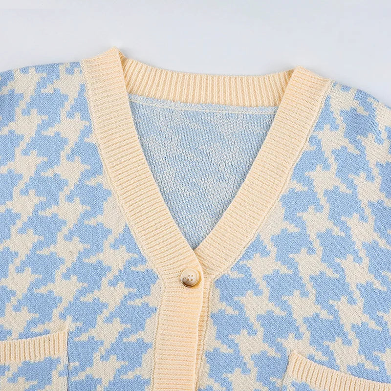 Cardigans- Pastel Blue Houndstooth Crop Cardigan- - IndioGear.com