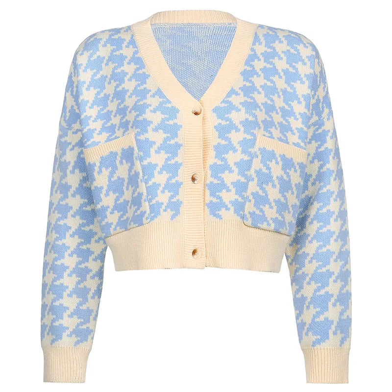 Cardigans- Pastel Blue Houndstooth Crop Cardigan- - IndioGear.com