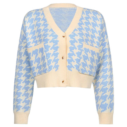 Cardigans- Pastel Blue Houndstooth Crop Cardigan- - IndioGear.com