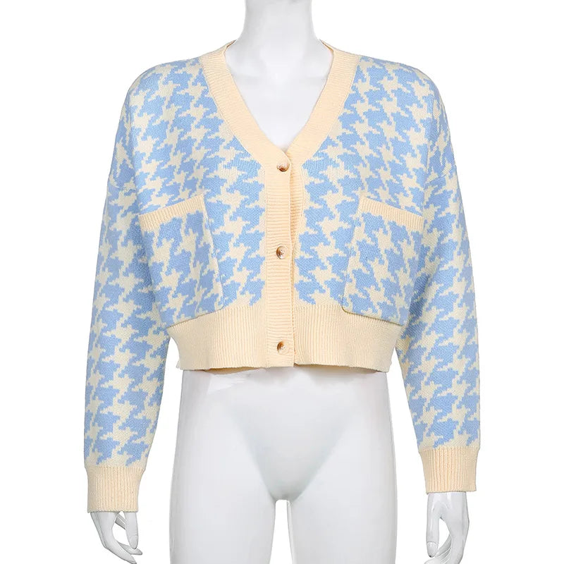 Cardigans- Pastel Blue Houndstooth Crop Cardigan- - IndioGear.com