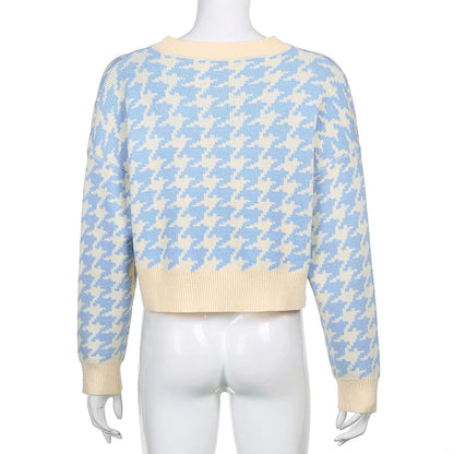 Cardigans- Pastel Blue Houndstooth Crop Cardigan- - IndioGear.com