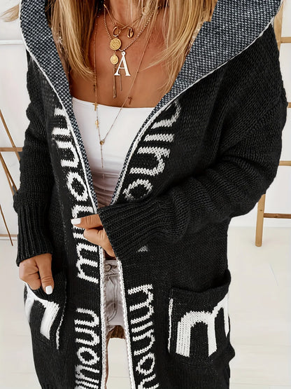 Cardigans- Plus Size Lettered Hooded Cardigan with Pockets- - IndioGear.com