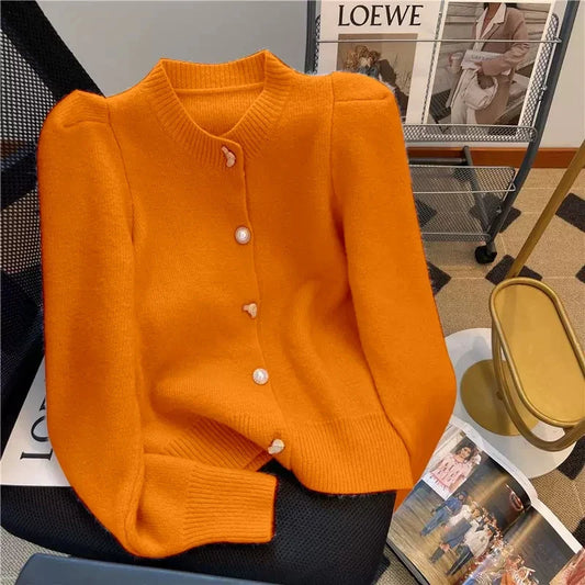 Cardigans- Posh Puff Sleeve Cardigan Elegant Knitwear- Orange- IndioGear.com