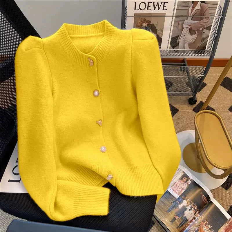 Cardigans- Posh Puff Sleeve Cardigan Elegant Knitwear- Yellow- IndioGear.com