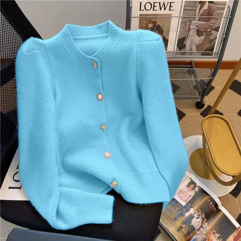 Cardigans- Posh Puff Sleeve Cardigan Elegant Knitwear- Lake blue- IndioGear.com