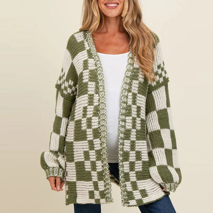 Cardigans- Pregnancy Oversized Bold Checker Cardigans- Olive Green- IndioGear.com