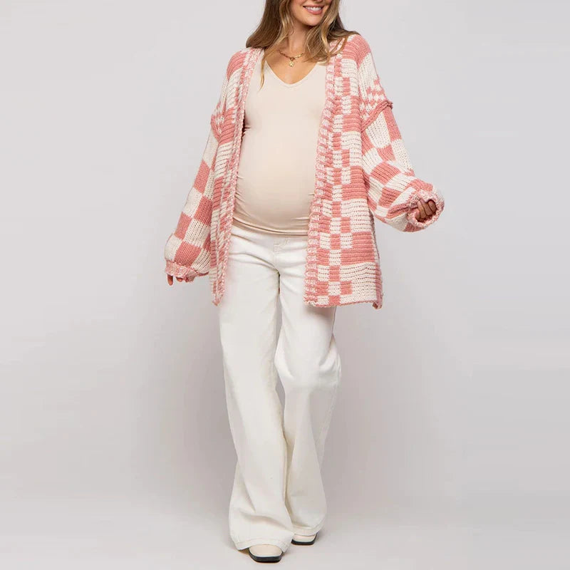 Cardigans- Pregnancy Oversized Bold Checker Cardigans- Light Pink- IndioGear.com