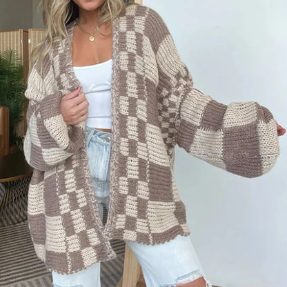 Cardigans- Pregnancy Oversized Bold Checker Cardigans- Khaki- IndioGear.com