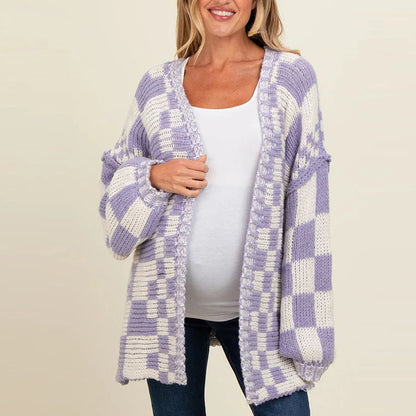 Cardigans- Pregnancy Oversized Bold Checker Cardigans- Light Purple- IndioGear.com