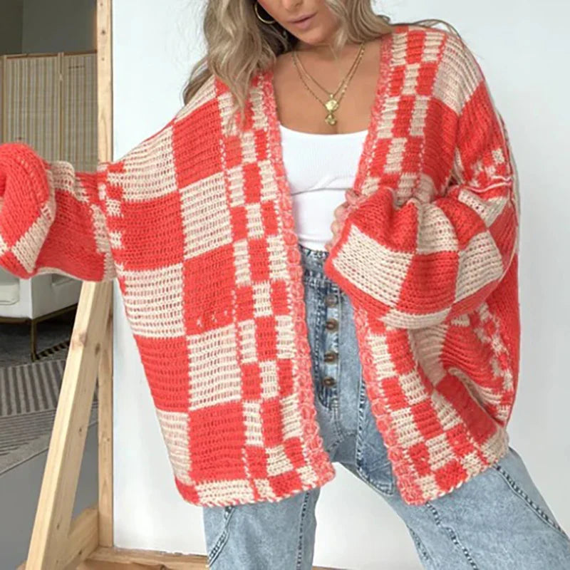 Cardigans- Pregnancy Oversized Bold Checker Cardigans- Red- IndioGear.com