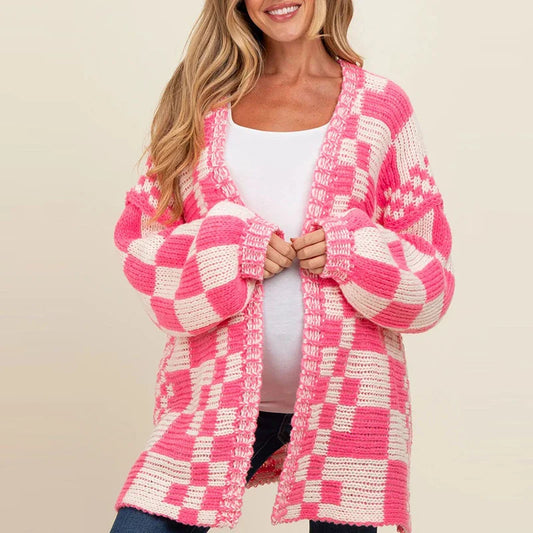 Cardigans- Pregnancy Oversized Bold Checker Cardigans- Pink- IndioGear.com