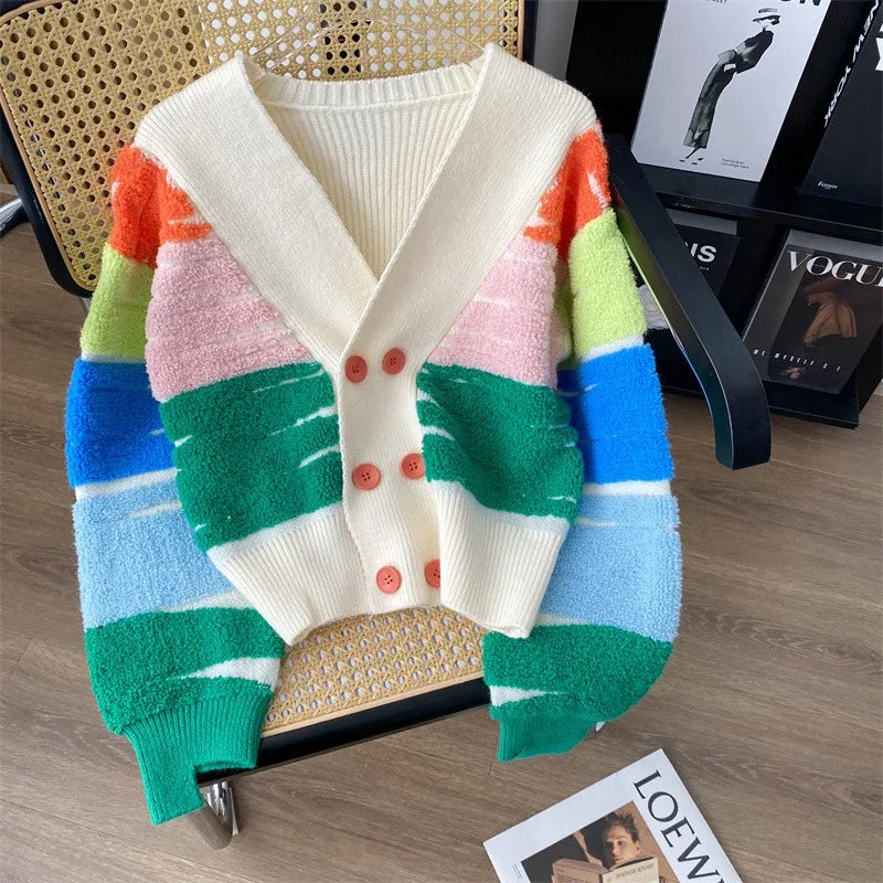 Cardigans- Rainbow Stripe Button-Up Cardigan- Multicolor- IndioGear.com