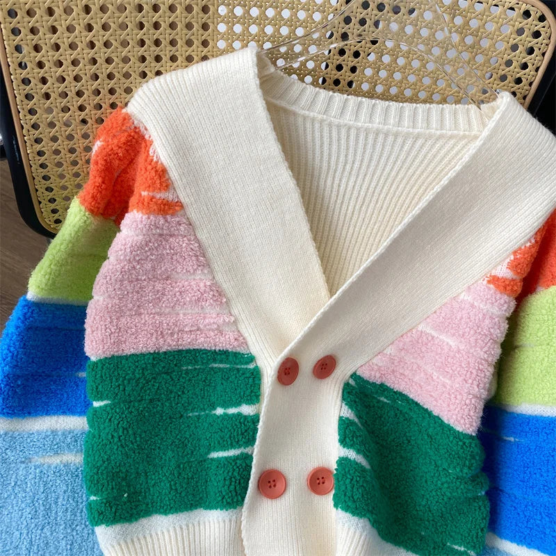 Cardigans- Rainbow Stripe Button-Up Cardigan- - IndioGear.com