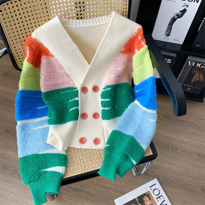 Cardigans- Rainbow Stripe Button-Up Cardigan- - IndioGear.com