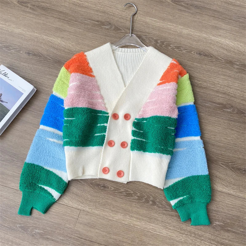 Cardigans- Rainbow Stripe Button-Up Cardigan- - IndioGear.com