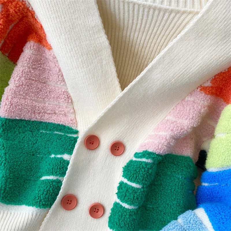 Cardigans- Rainbow Stripe Button-Up Cardigan- - IndioGear.com