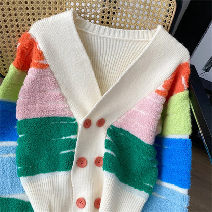 Cardigans- Rainbow Stripe Button-Up Cardigan- - IndioGear.com