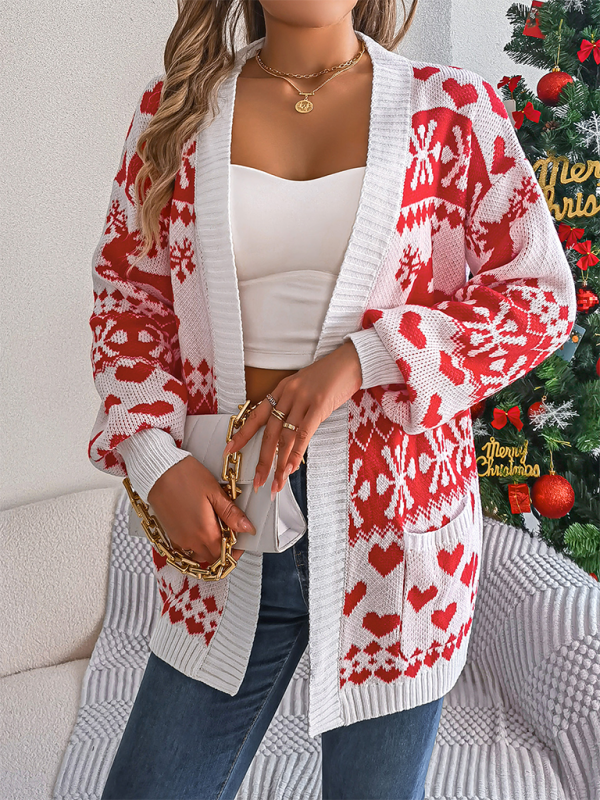 Cardigans- Reindeer Christmas Theme Long Sleeve Knit Cardigan- - IndioGear.com