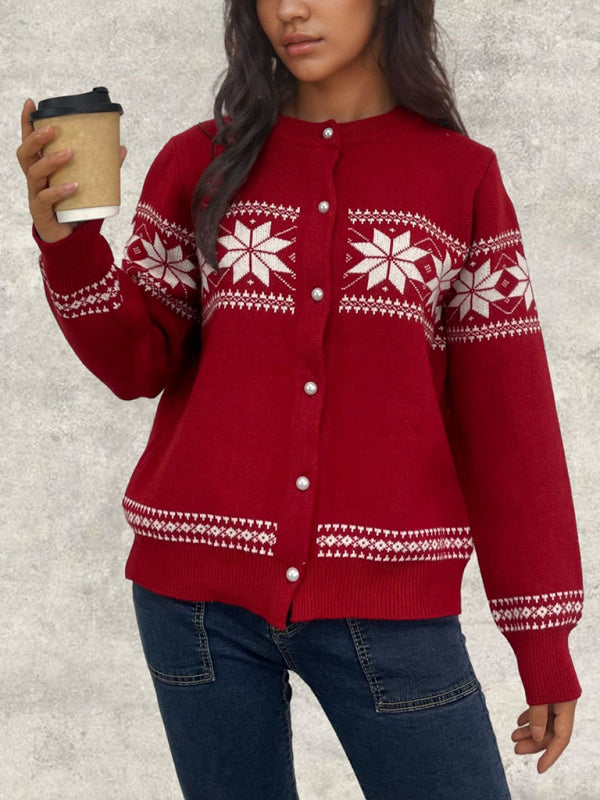 Cardigans- Snowflake Buttoned Cardigan Holiday Xmas Knitwear- - IndioGear Women Clothing