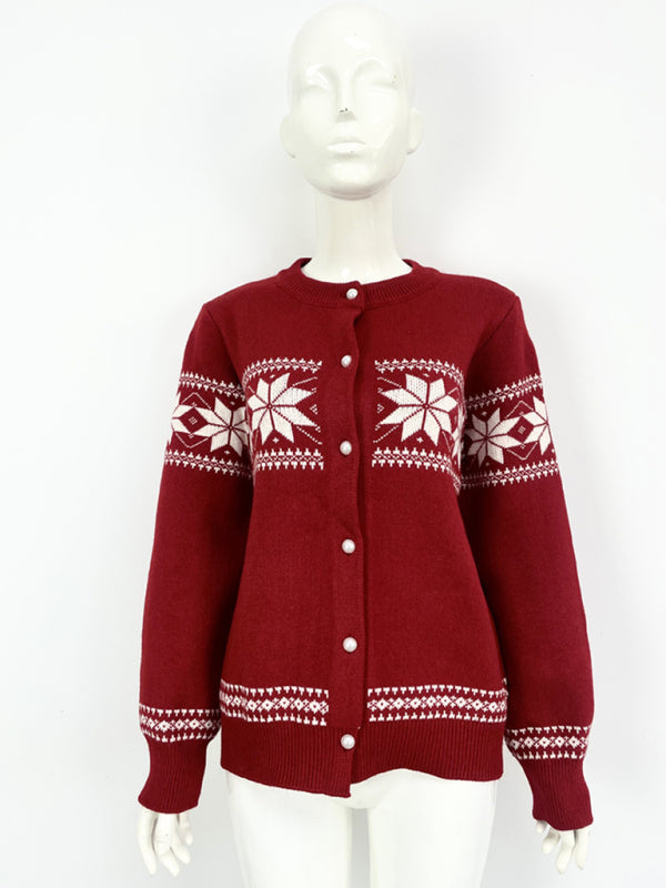 Cardigans- Snowflake Buttoned Cardigan Holiday Xmas Knitwear- - IndioGear Women Clothing