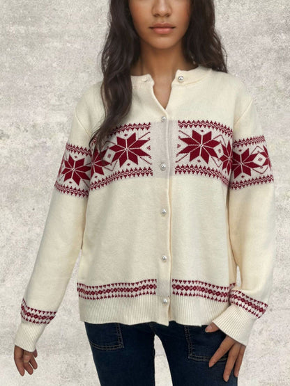 Cardigans- Snowflake Buttoned Cardigan Holiday Xmas Knitwear- Cream- IndioGear Women Clothing