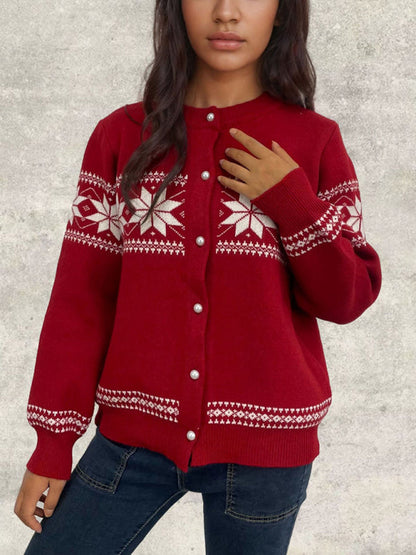 Cardigans- Snowflake Buttoned Cardigan Holiday Xmas Knitwear- - IndioGear Women Clothing