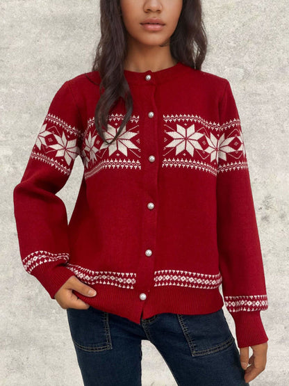 Cardigans- Snowflake Buttoned Cardigan Holiday Xmas Knitwear- Red- IndioGear Women Clothing