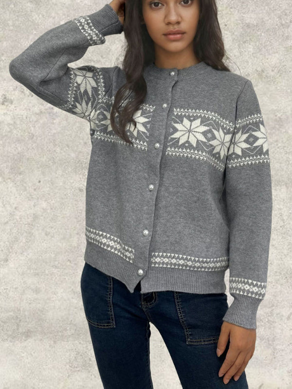 Cardigans- Snowflake Buttoned Cardigan Holiday Xmas Knitwear- Grey- IndioGear Women Clothing