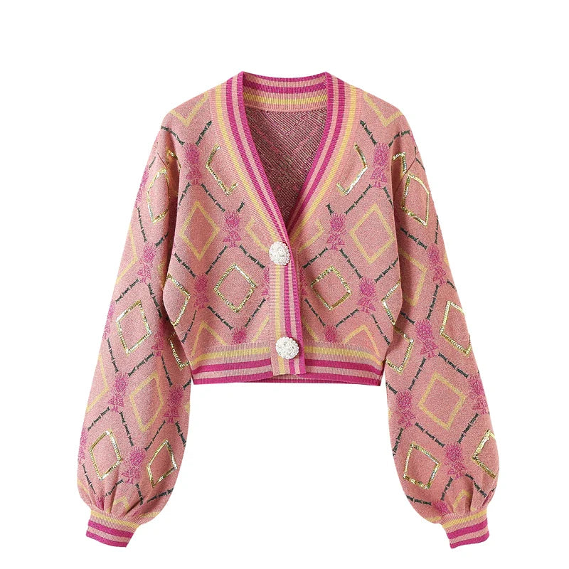 Cardigans- Sparkle Stripe Crop Cardigan Sweater for Evenings- Fresh Pink- IndioGear.com