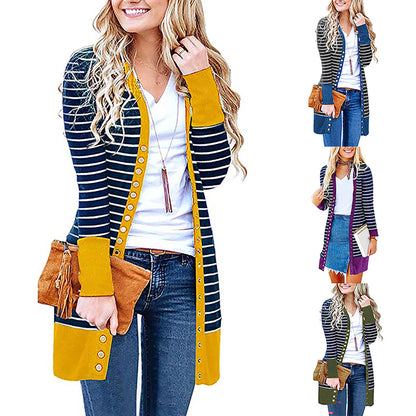 Cardigans- Striped Button-Up Duster Cardigan for Women- - IndioGear.com