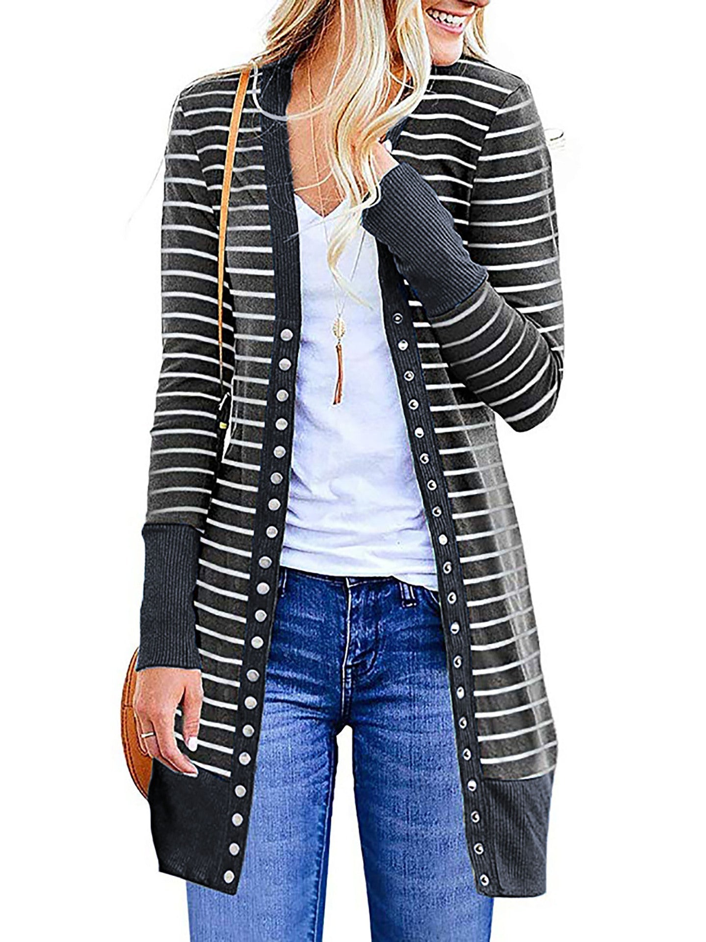 Cardigans- Striped Button-Up Duster Cardigan for Women- - IndioGear.com