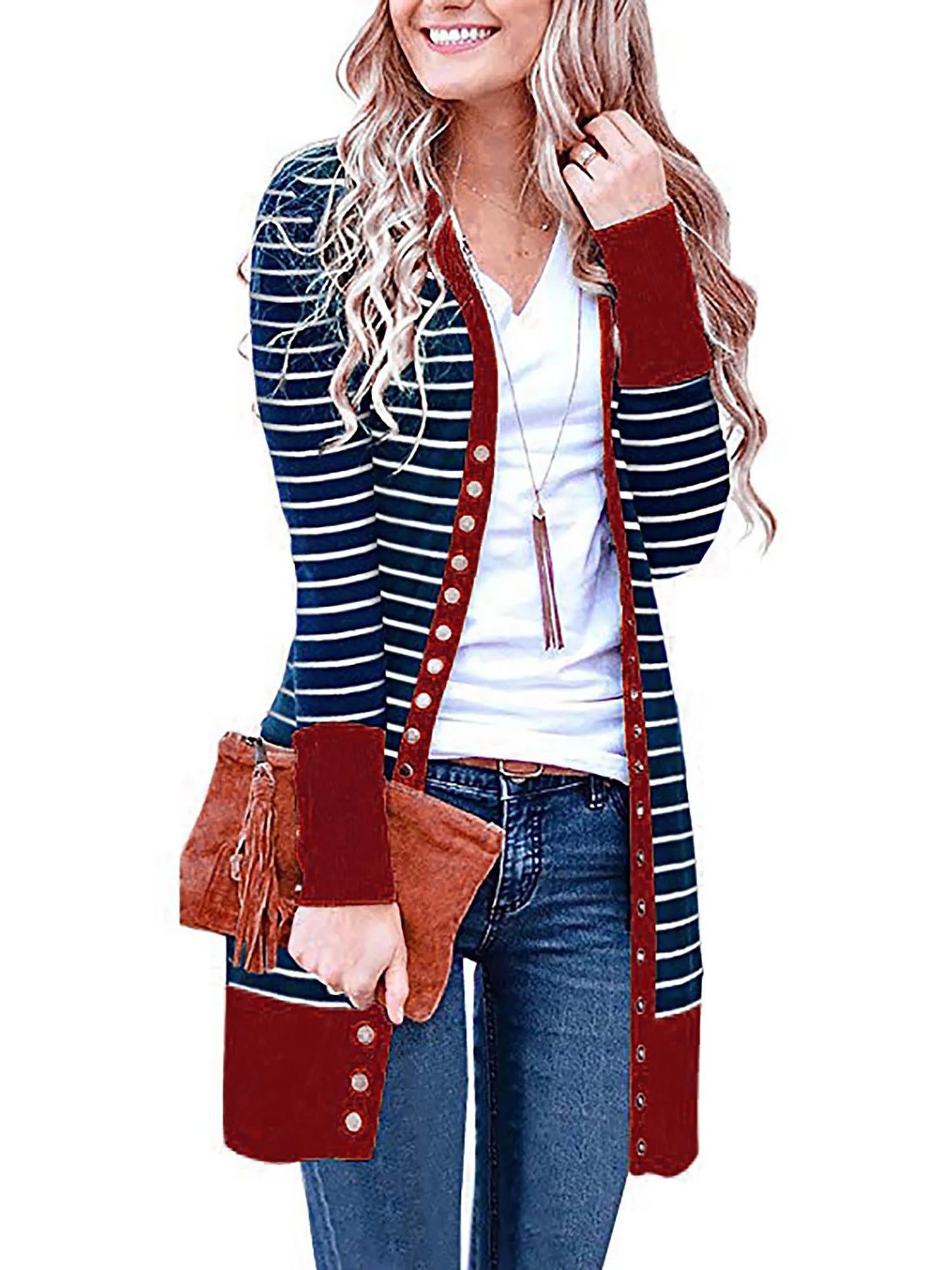 Cardigans- Striped Button-Up Duster Cardigan for Women- Burgundy- IndioGear.com