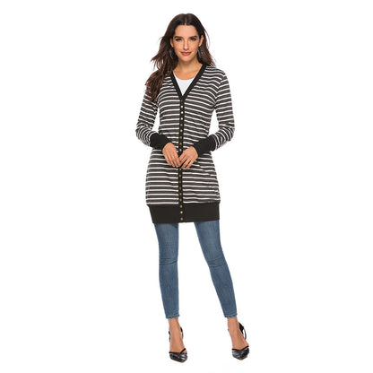 Cardigans- Striped Button-Up Duster Cardigan for Women- - IndioGear.com