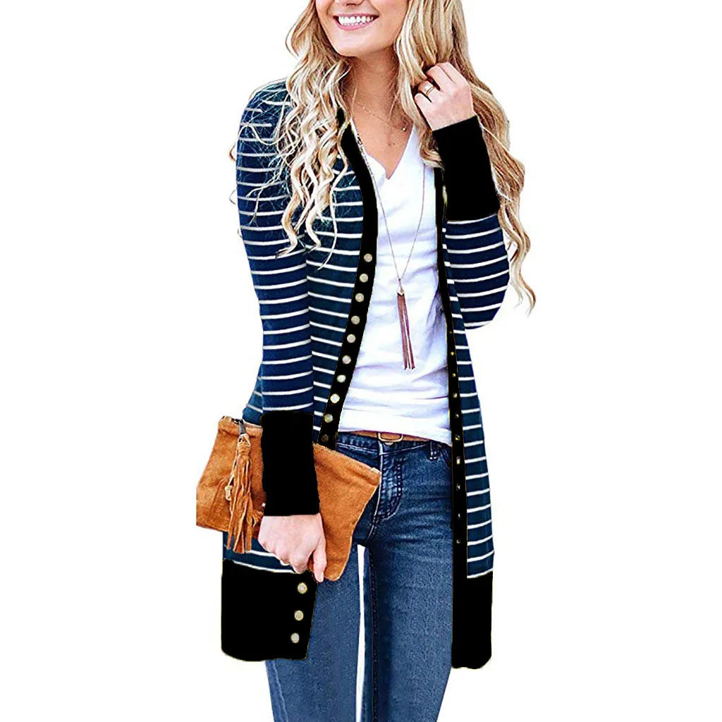 Cardigans- Striped Button-Up Duster Cardigan for Women- Black- IndioGear.com